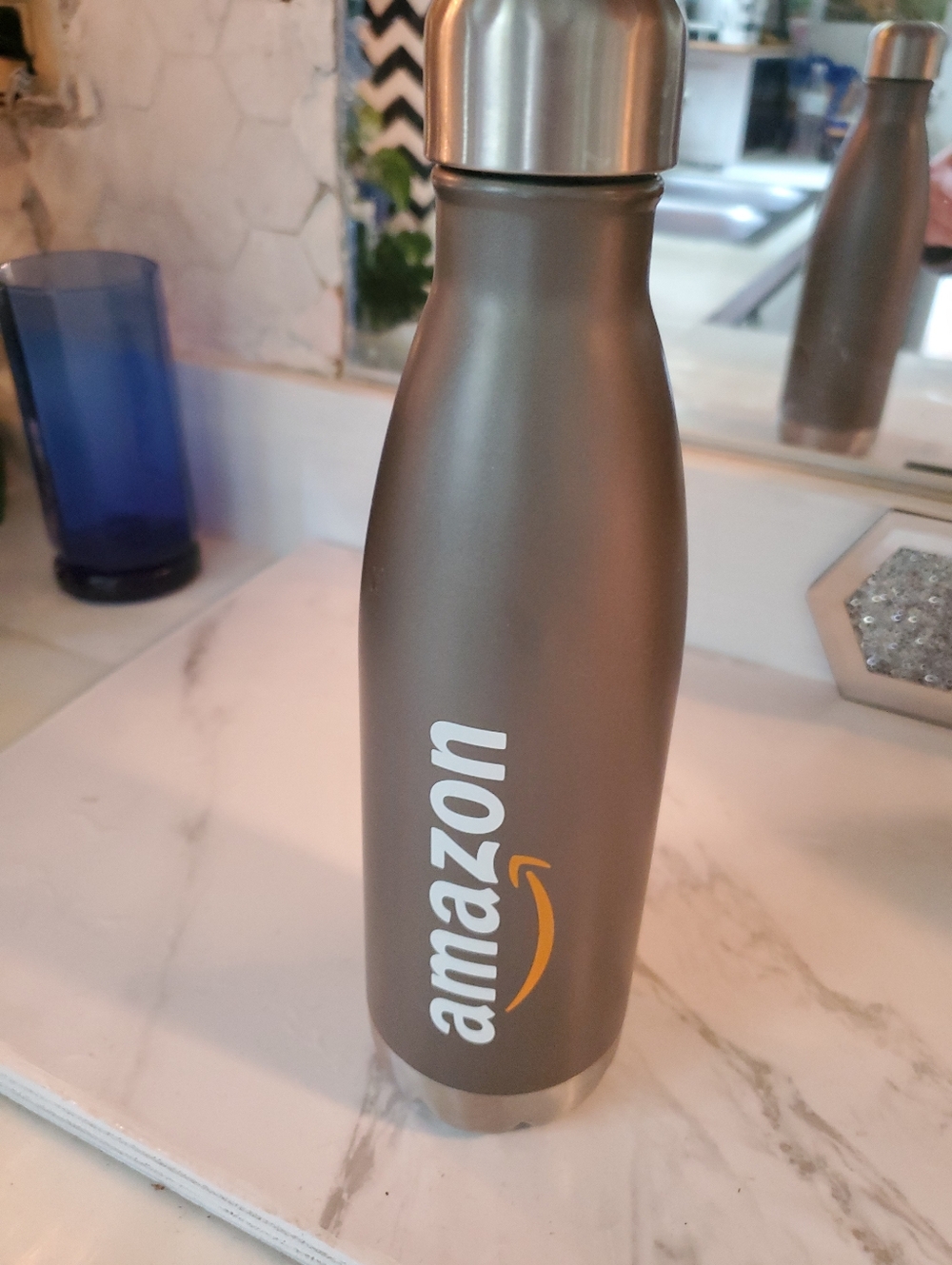 Amazon Metallic Gray Insulated Bottle with White and Orange Logo